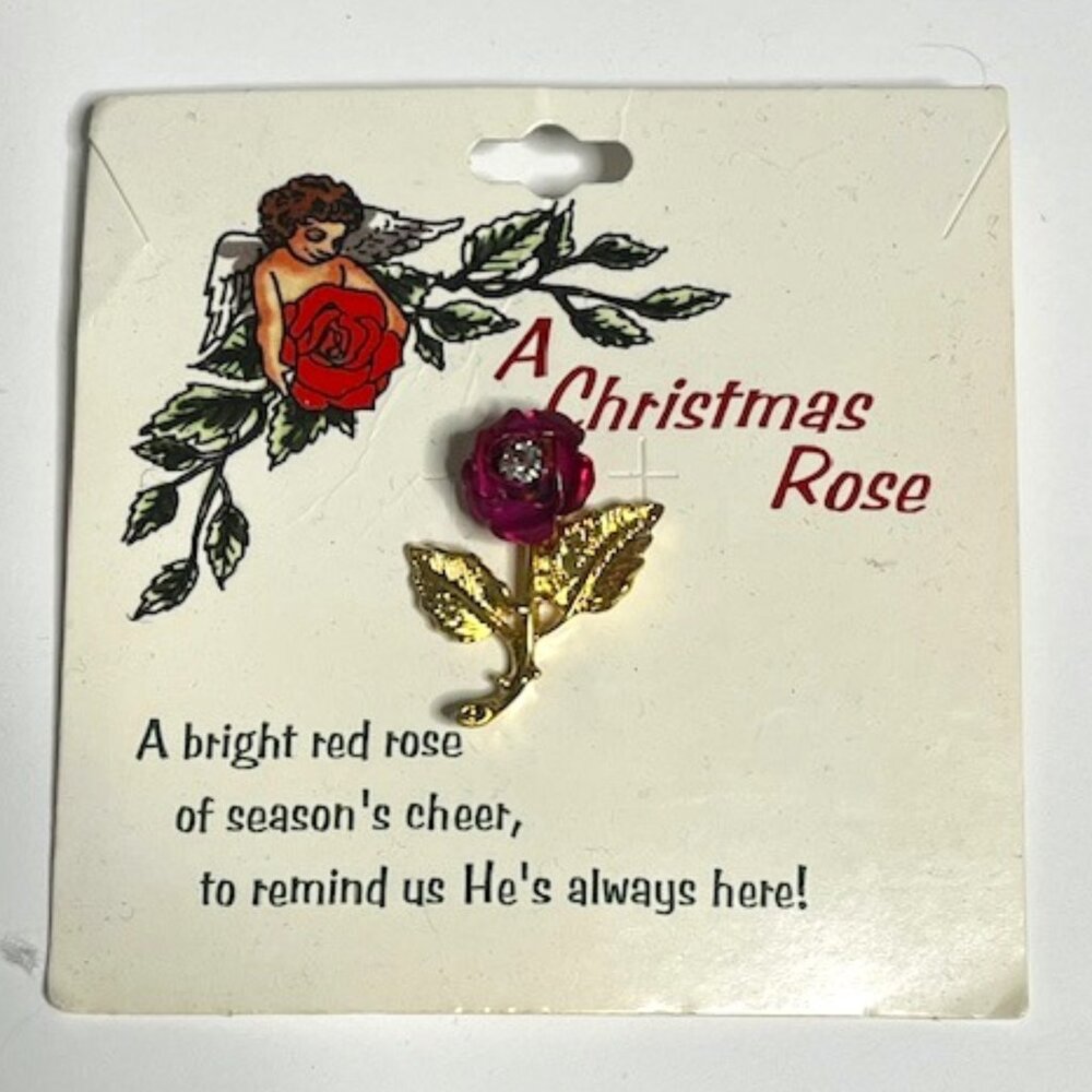 VTG 1999 "A Christmas Rose" Lapel Hat Pin Gold Tone w/Rhinestone Hope Love 1.25"